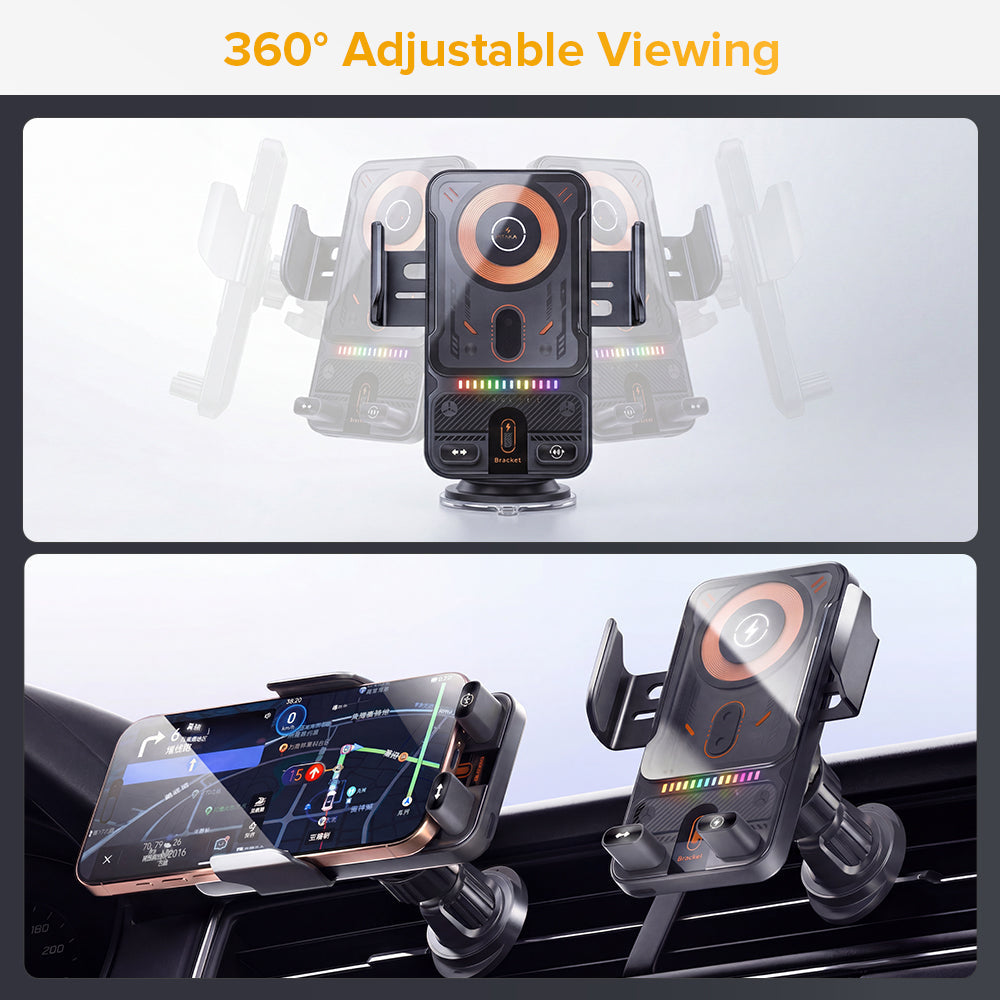 2-in-1 Auto-Rotate Car Phone Holder with Wireless Charging Function